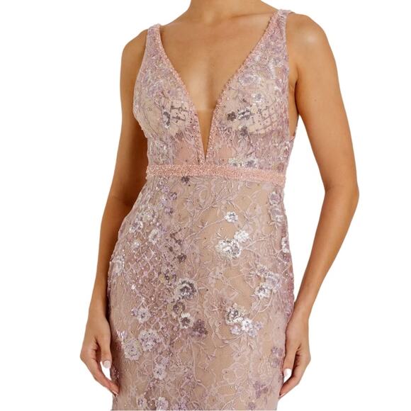 Mac Duggal Rose Pink Floral Embellished Sleeveless Plunge Neck Gown Women’s Sz 4 - Picture 3 of 10